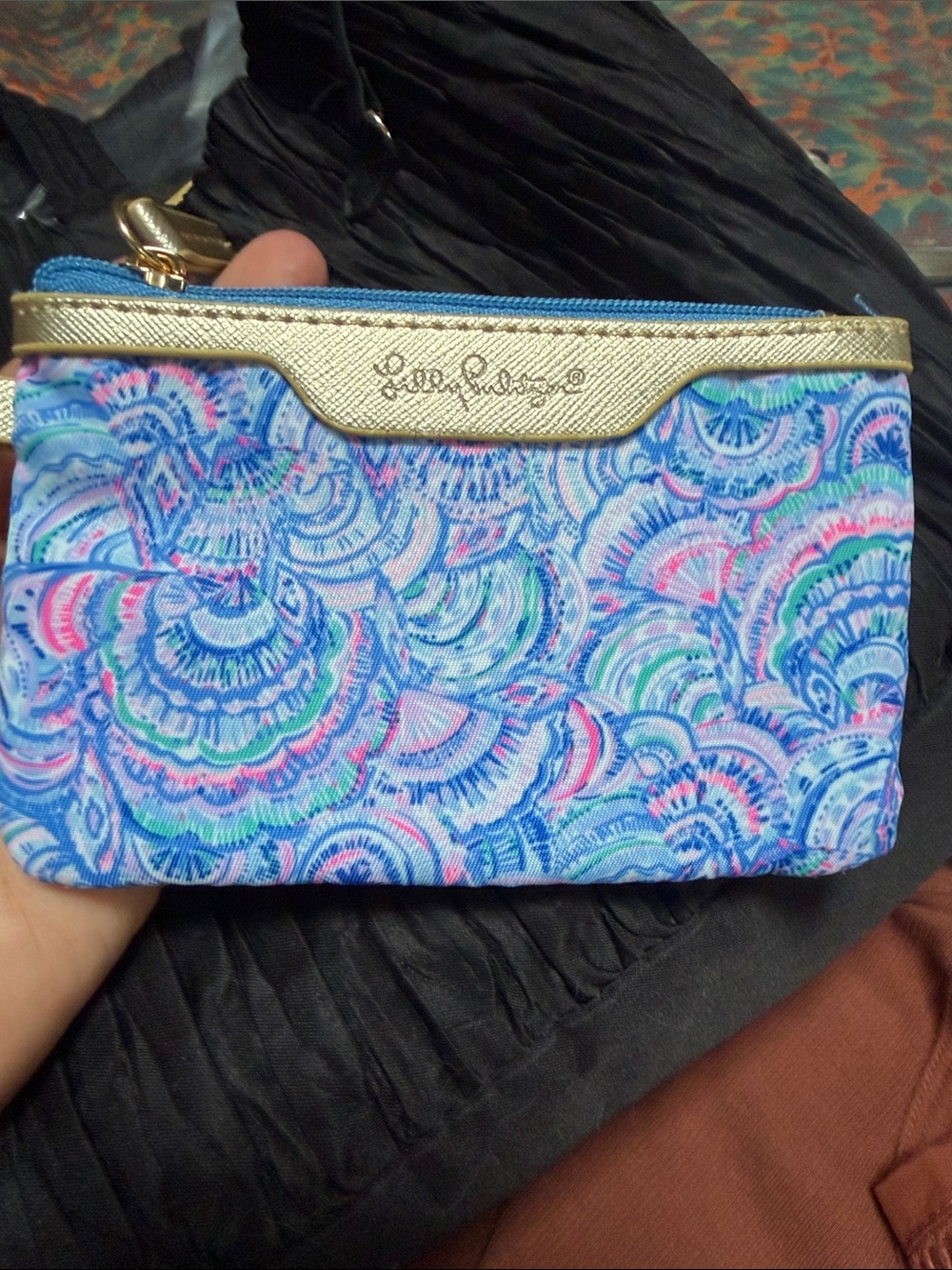 Lilly Pulitzer Blue Multicolor Shell-Print Cosmetic Wristlet with Gold Trim